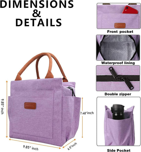 Joymee Insulated Lunch Bag for Women, Reusable Leakproof Cooler Tote with Bottle Holder and Side Pockets