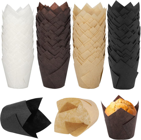 Ruisita 200 Pieces Mini Tulip Baking Cups, Greaseproof Cupcake Muffin Liners for Wedding Birthday Party, Brown, White,
