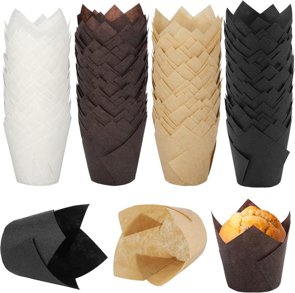 Ruisita 200 Pieces Mini Tulip Baking Cups, Greaseproof Cupcake Muffin Liners for Wedding Birthday Party, Brown, White,