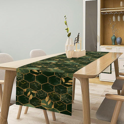 Nitmbi 13x60inch Marble Table Runner,Green Golden Marble Texture Abstract Art Pattern Table Runner for Coffee Table