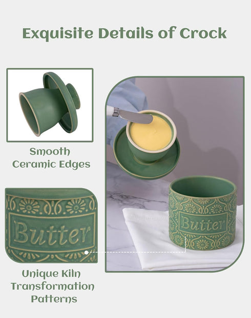 6.7oz TEATALK Ceramic French Butter Crock - Vintage Relief Pattern Butter Keeper with Water Seal, Green Butter Dish