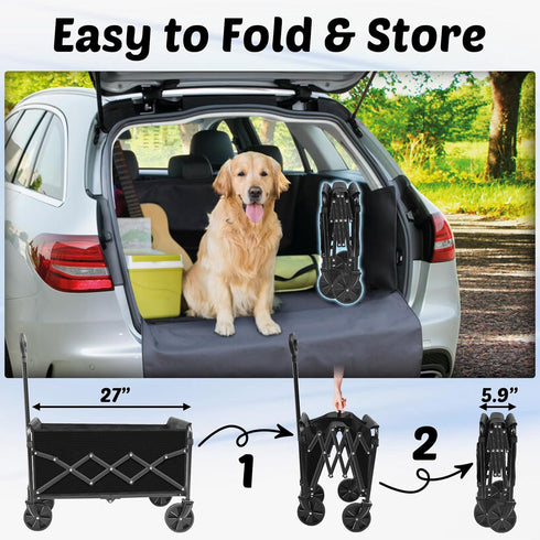 280 Lbs Wagons Carts Foldable, with Adjustable Handle, Black Lightweight Portable, Collapsible Wagon for Beach Trip