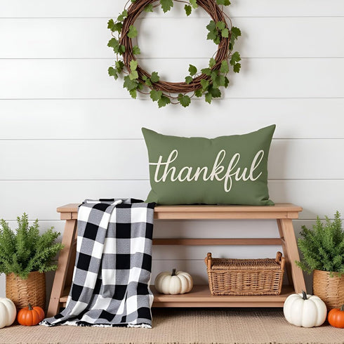 12x20 Inch Thankful Pillow Cover Olive Green Lumbar Decorative Cushion Case Rustic Farmhouse Fall Decor Thanksgiving