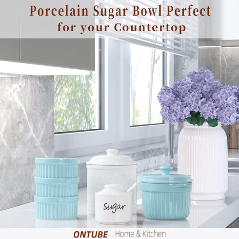 ONTUBE Ceramic Small Sugar Bowl with Lid and Spoon, Porcelain Sugar Pot, 8oz (White)