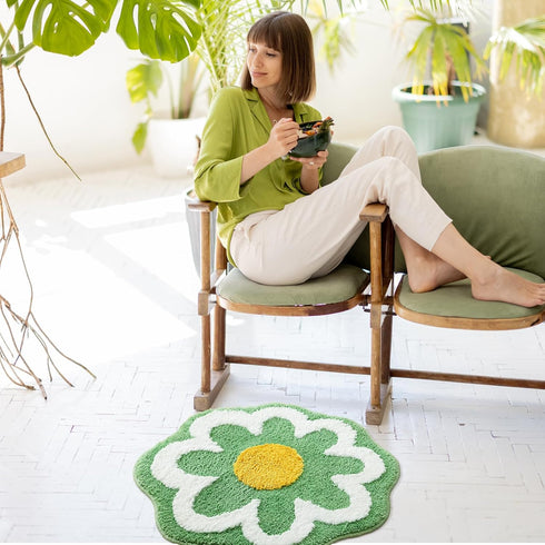 TRUEDAYS Sage Green Flower Shaped Bath Rug - Non-Slip Water Absorbent Bathroom Mat, Machine Washable