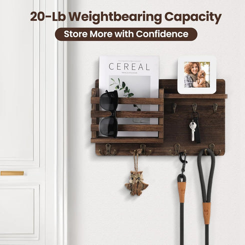 Nekon Mail Holder for Wall - Mail Organizer with Key Hooks, Letter Sorter, Natural Wood, Floating Shelf, Flush Mount