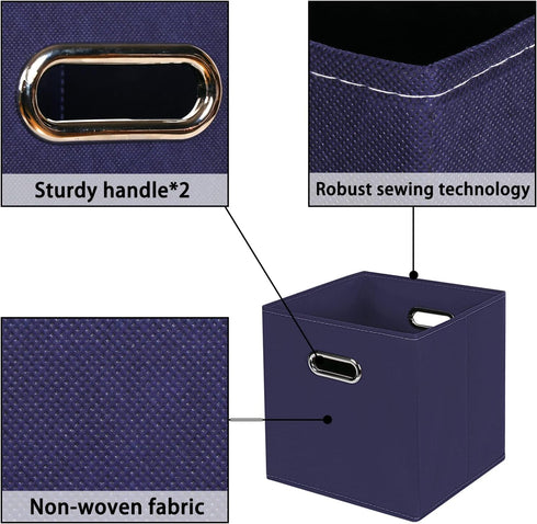 Navy Blue Fabric Storage Bins, Set of 3, 11x11x11 Foldable Cube Bins for Cloth or Accessory Storage