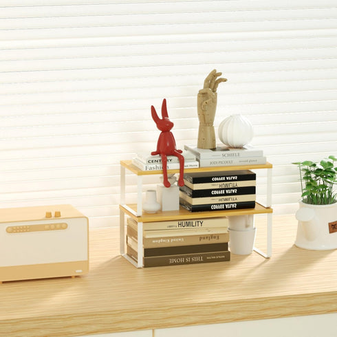 NEX Kitchen Cabinet and Counter Shelf Organizer, Stackable & Expandable, Set of 4, White and Natural, 7.7 x 15.6 x 6.2''