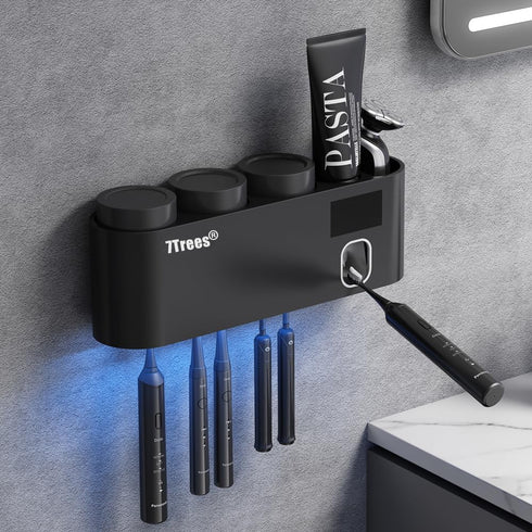 Toothbrush Sanitizer with Self Adhesive Holder, 3 Cups, Automatic Toothpaste Dispenser Set (Black)