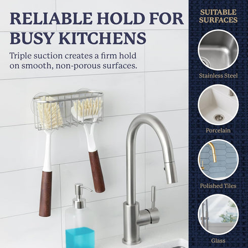 Farberware Sponge Holder for Kitchen SinkBrushed Metal Sink Caddy Organizer with Triple Suction Cups, Kitchen Organizer