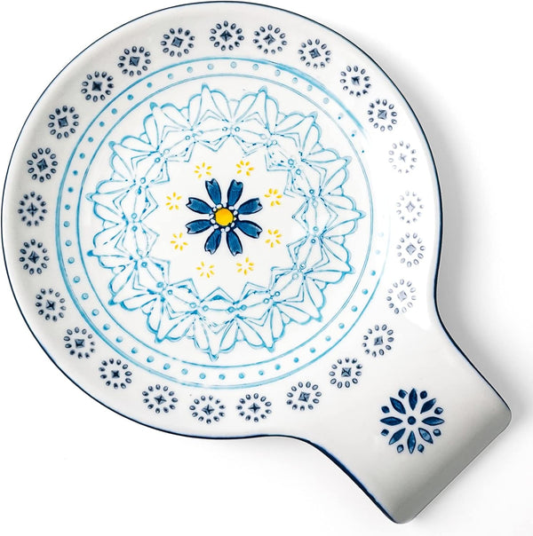 Hand Painted 5.5" Ceramic Spoon Rest, Blue Pattern Utensil Holder for Stove Top, Great Cooking Gifts