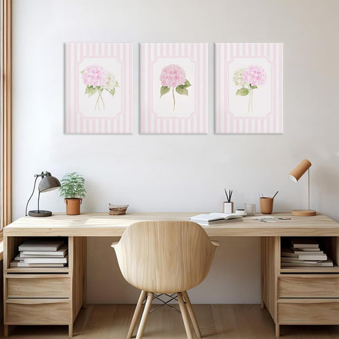 Set 3 12x16 Inch Pink Hydrangea Nursery Wall Art for Girls Room, of Framed Pink Floral Canvas Prints, Shabby Chic