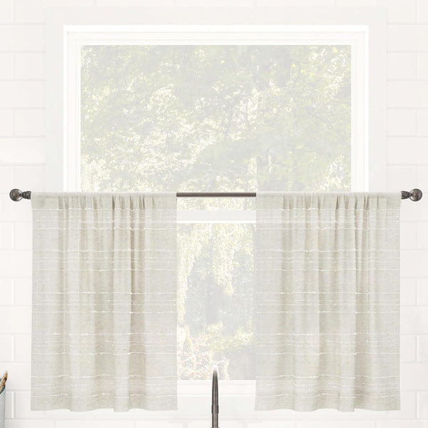 Clean Window Textured Slub Stripe 2-Pack Anti-Dust Allergy/Pet Friendly Sheer Cafe Curtain Pair, 52" W x 24" L