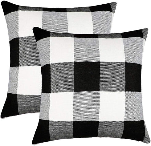 4TH Emotion Set of 2 Buffalo Check Plaid Throw Pillow Covers, 18 x 18 Inches, Black and White Polyester Linen for Fall