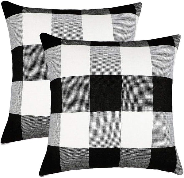 4TH Emotion Set of 2 Black and White Farmhouse Buffalo Check Plaid Throw Pillow Covers, 16 x 16 Inches