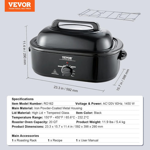 VEVOR Electric Roaster Oven - 20 QT Turkey Roaster with Self-Basting Lid, 1450W, Fits Turkeys Up to 24LBS