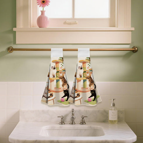 Set 2 CUTHOLLOW Cat Play and Flowers Hanging Kitchen Towels with Loop, of - Soft & Super Absorbent Microfiber