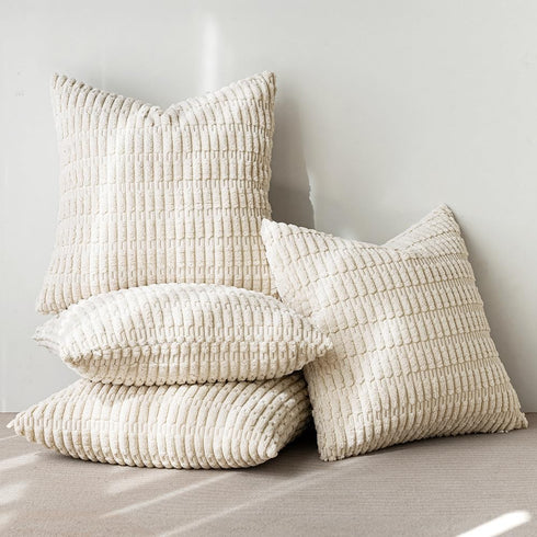 MIULEE Pack of 4 Cream White Corduroy Decorative Throw Pillow Covers, 22x22 Inch Soft Boho Striped Home Decor