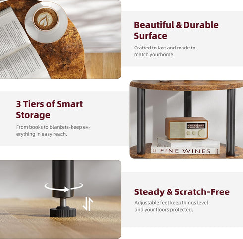 3 Simple Trending Side Table Living Room, Small Round End Table, Tiers Accent Table for Small Spaces, Rustic Brown