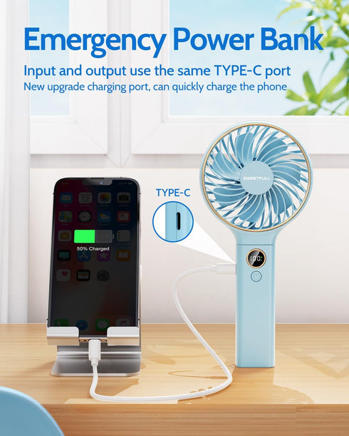 SWEETFULL Handheld Fan, Portable 5000mAh Rechargeable Battery Fan, 6 Speed Wind, Mini Travel Fan with LED Display