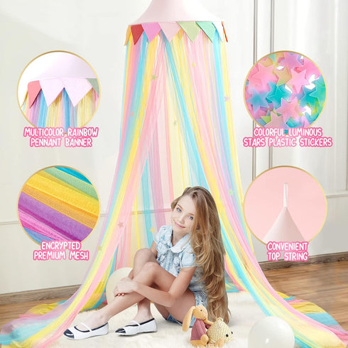 LOAOL Bed Canopy for Kids - Fairy Dream Canopy Bed Curtains with Rainbow Color Hanging Net, Pink Round Dome