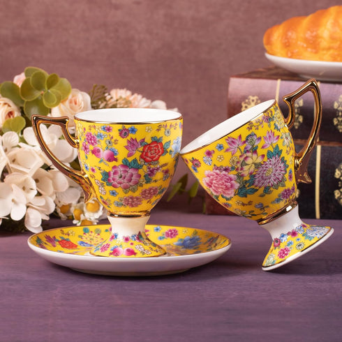 KAMMAK Set 2, 7oz (622N) Tea Cups and Saucers of Porcelain Coffee Cups, Stackable Espresso Mugs, Ceramic Demitasse