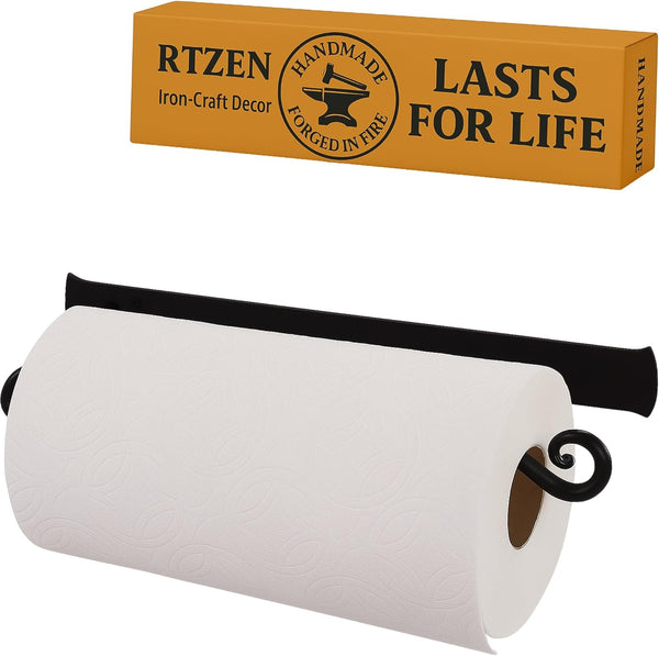 RTZEN Horizontal Black Paper Towel Holder - Handcrafted Rustic Metal Decorative Wrought