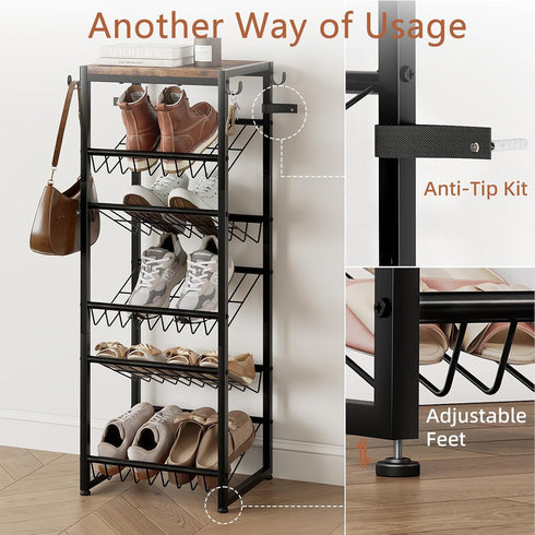 6 6-12 Closet Tier Rotating Shoe Rack Tower with Wheels, Wooden Shoe Storage Organizer with Hooks, Sturdy Metal Narrow
