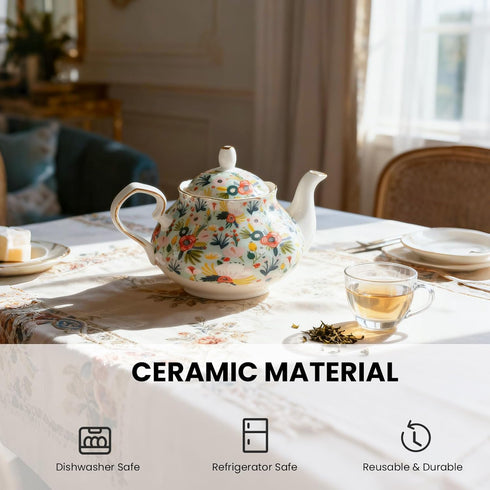 33.8 oz Porcelain Tea Pot Luxury Gold Trim Floral Ceramic Teapot Waterpot Tea Maker for Blooming Loose Leaf Tea Coffee