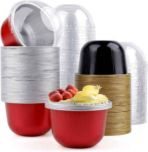 Hacaroa 100 Pcs 6 Oz Aluminum Foil Baking Cups with Dome Lids, Disposable Cupcake Liners