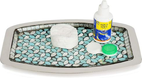 nu steel Sea Foam Amenity Tray, Aqua Blue/Silver Glass Mosaic, Stainless Steel for Bathrooms & Vanity Spaces