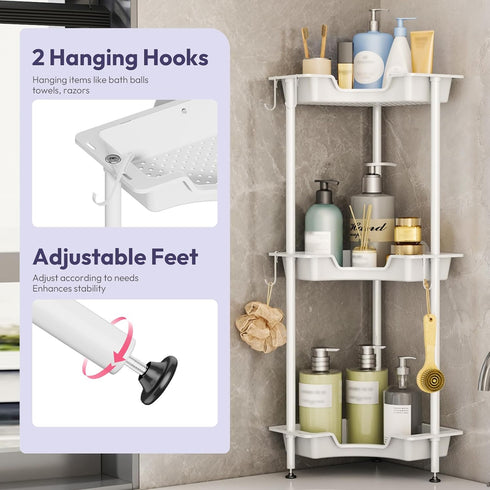 3 4 SWTYMIKI Corner Shower Caddy Standing - Tier Floor Standing Shower Organizer with Hooks, Plastic & Stainless Steel