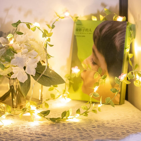 2 Packs 48 Vigdur Vine Lights - Tiny Leaf Ivy String Lights with Cherry Blossom Lights Battery Powered Waterproof Fairy