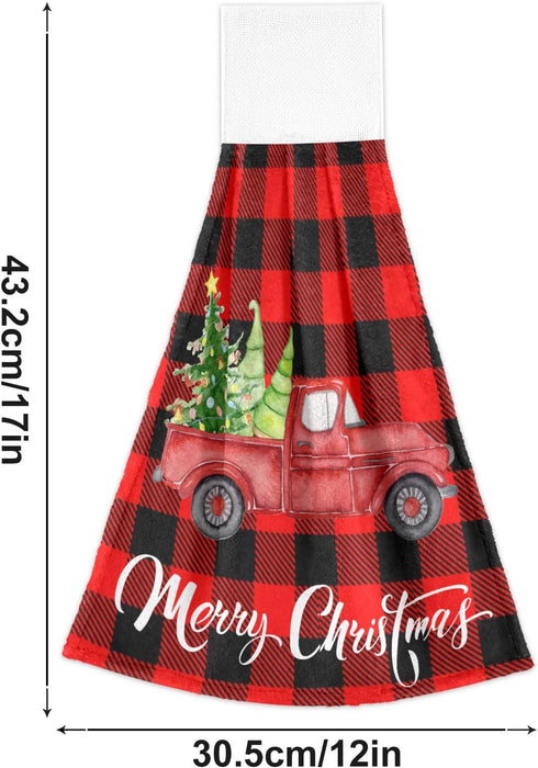 Boccsty Christmas Tree Truck Fingertip Bath Towels, 2 Pcs Red Black Plaid Tartan Kitchen Hand Towels