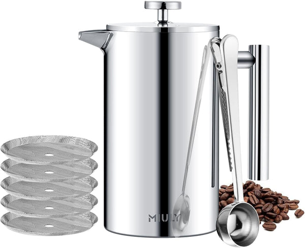 Miuly French Press 34oz, Double Insulated 304 Stainless Steel Coffee Press with 5 Extra Filters and 3 Additional Coffee