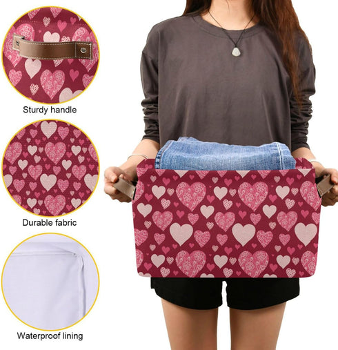 Happy Valentine's Day Storage Basket, Fabric Kitchen Bins in Pink Purple Love Heart, Foldable Organizer Bag, 16×12×8