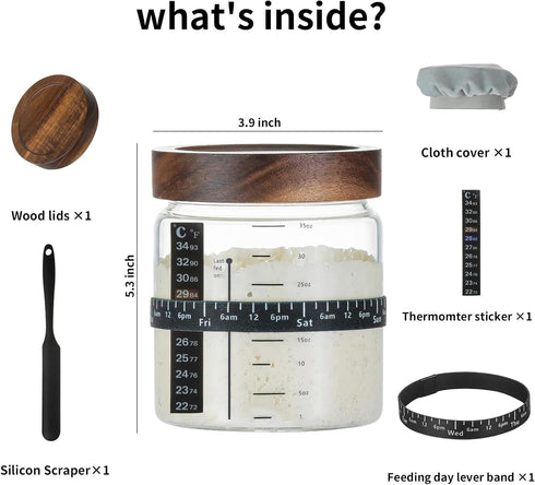 Wissy&Konny Sourdough Starter Jar, 35OZ with Ounce Scale Line, Date Marked Feeding Band, Thermometer, Wood Lid