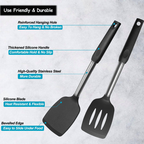 Silicone Spatula and Cooking Spoon Set, 5 Pack Non-Stick Utensils, Heat Resistant with Stainless Steel Handle (Black)