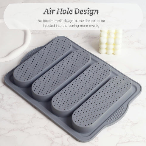 Non-Stick Baguette Bread Pan, 4 Cavity Perforated Silicone Loaf Pan for French Bread Baking
