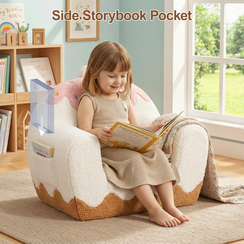 OUOZZZ 16, Cozy Toddler Chair for Ages Soft Sherpa Kids Sofa with Book Pocket & Carry Handle, Single-Seat Couch
