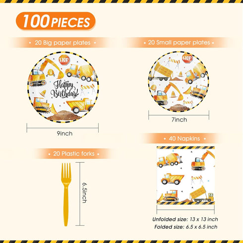 Funhax Set Construction Birthday Party Supplies,Truck Themed Celebration Tableware with Excavator Dump Truck Tractor