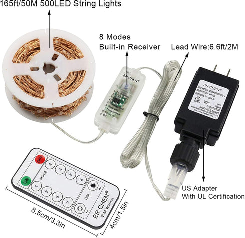 8 Dimmable 165 500 ER CHEN Fairy Lights Plug in, Modes Waterproof Ft Copper Wire LED Twinkle String Lights with RF