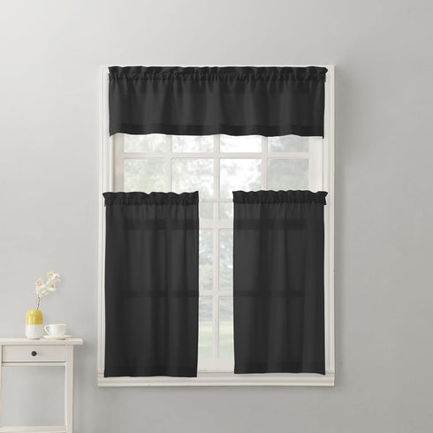No. 918 Martine Microfiber Semi-Sheer Rod Pocket Kitchen Curtain Valance and Tiers Set, 54" x 45", Black