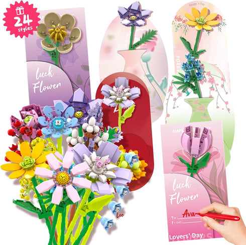 POATROZON 24Pcs Sets 8-12+ Valentine's Day Gifts Party Favor Gifts Flowers Bouquet Botanical Building Block Home Plant