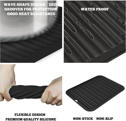 3 PCS Black Silicone Trivets for Hot Pots and Pans, 9"x12" Heat Resistant Non-Slip Potholders for Kitchen Countertops