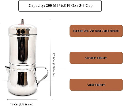 KERAM Coffee Filter, Indian Style, 200 ml (6.8 Oz), 2-3 Cup with Kettle, Pour Over Alternative