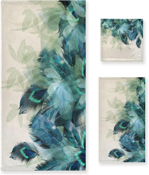 HATESAH Bath Towels Set,Soft Absorbent Watercolor Peacock Feather Teal Turquoise Floral Green Leaf