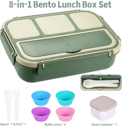 Bento Box Adult Lunch Box, 4 Compartment Containers with Utensils, Sauce Jar, Muffin Liners, 40 Oz, Green