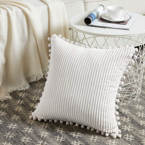 Fancy Homi 2-Pack Pom Pom Throw Pillow Covers, Cream Corduroy, 18x18 Inch