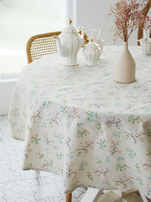 YiHomer Pastoral Round Tablecloth - 60 Inch Dia. - Beige Linen Washable Table Cover for Indoor and Outdoor Dining